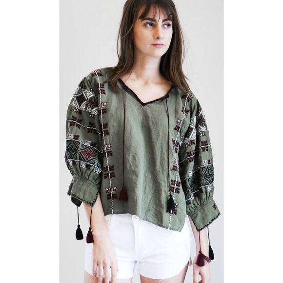 NILI LOTAN Cleo Linen Embroidered Peasant Blouse Top Garmentory XS NWT $515